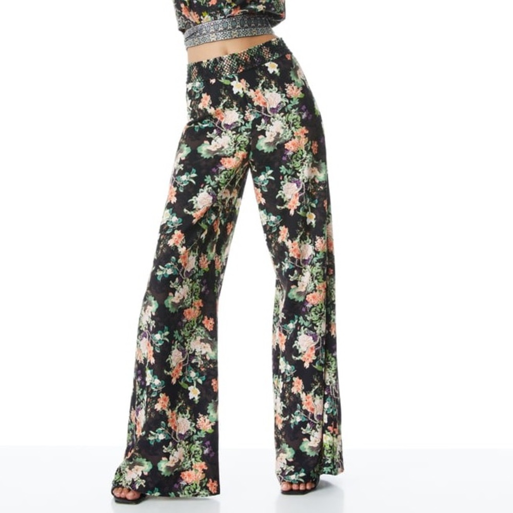 Alice + Olivia Black Floral Wide-Leg Pants